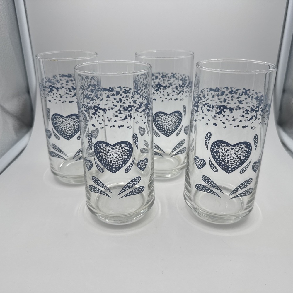 Libby CRISA Blue Hearts Set of 4 Glass Water Iced Tea Tumblers 16 oz Mint Granny